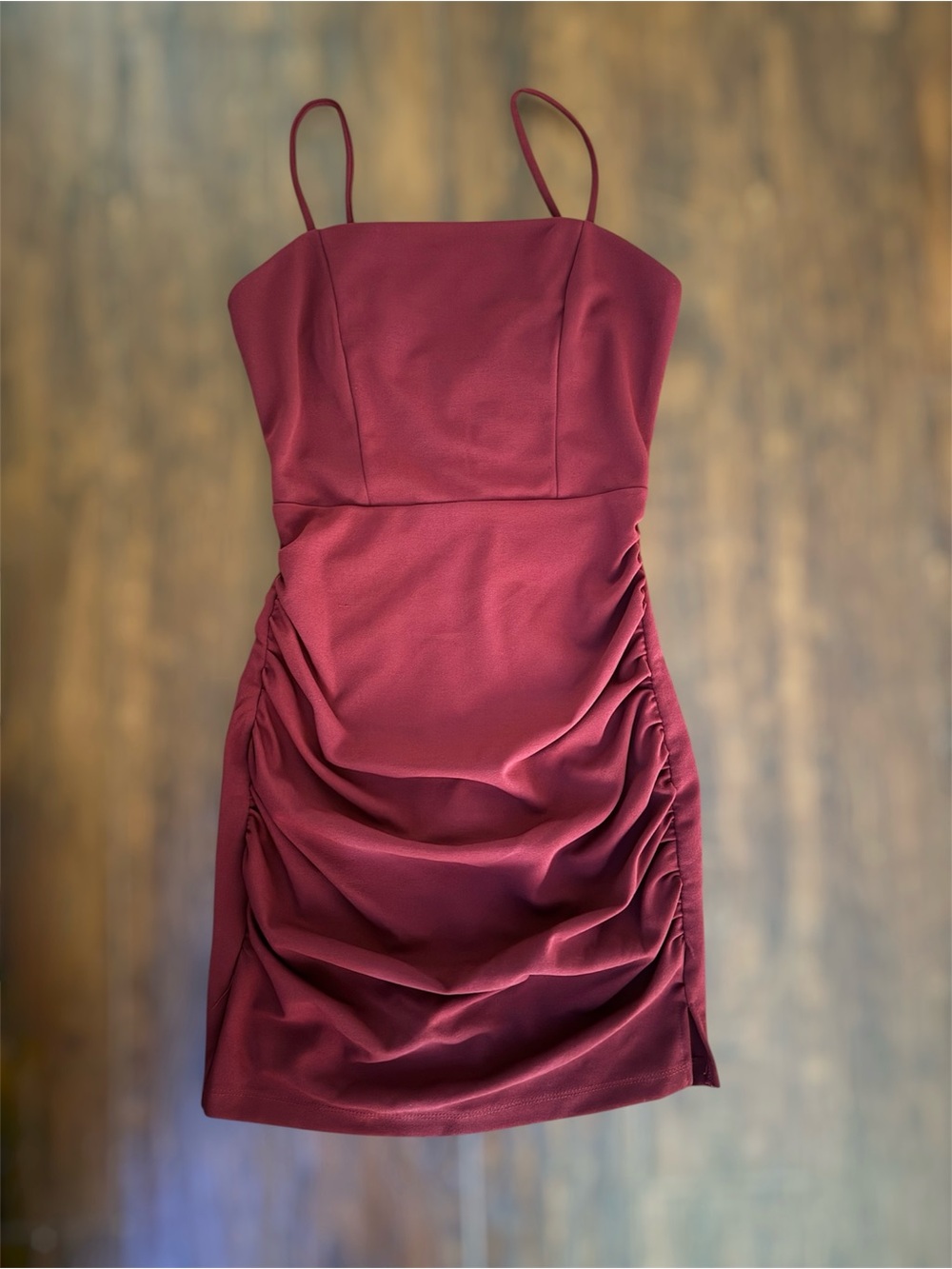 Emerald Sundae Burgundy Ruched Spaghetti Strap Mini Dress
